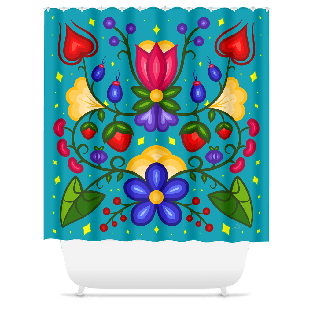 Blue Floral Shower Curtain - Bizaanide'ewin Beadwork & Supplies