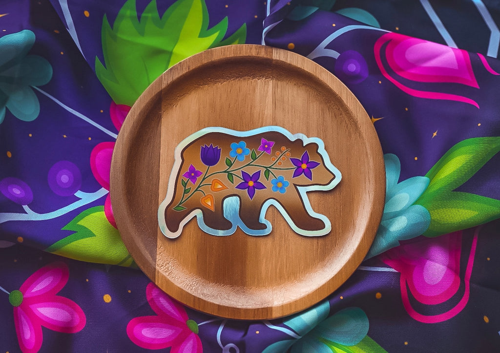 Floral Bear Holographic Sticker- Right Facing - Bizaanide'ewin