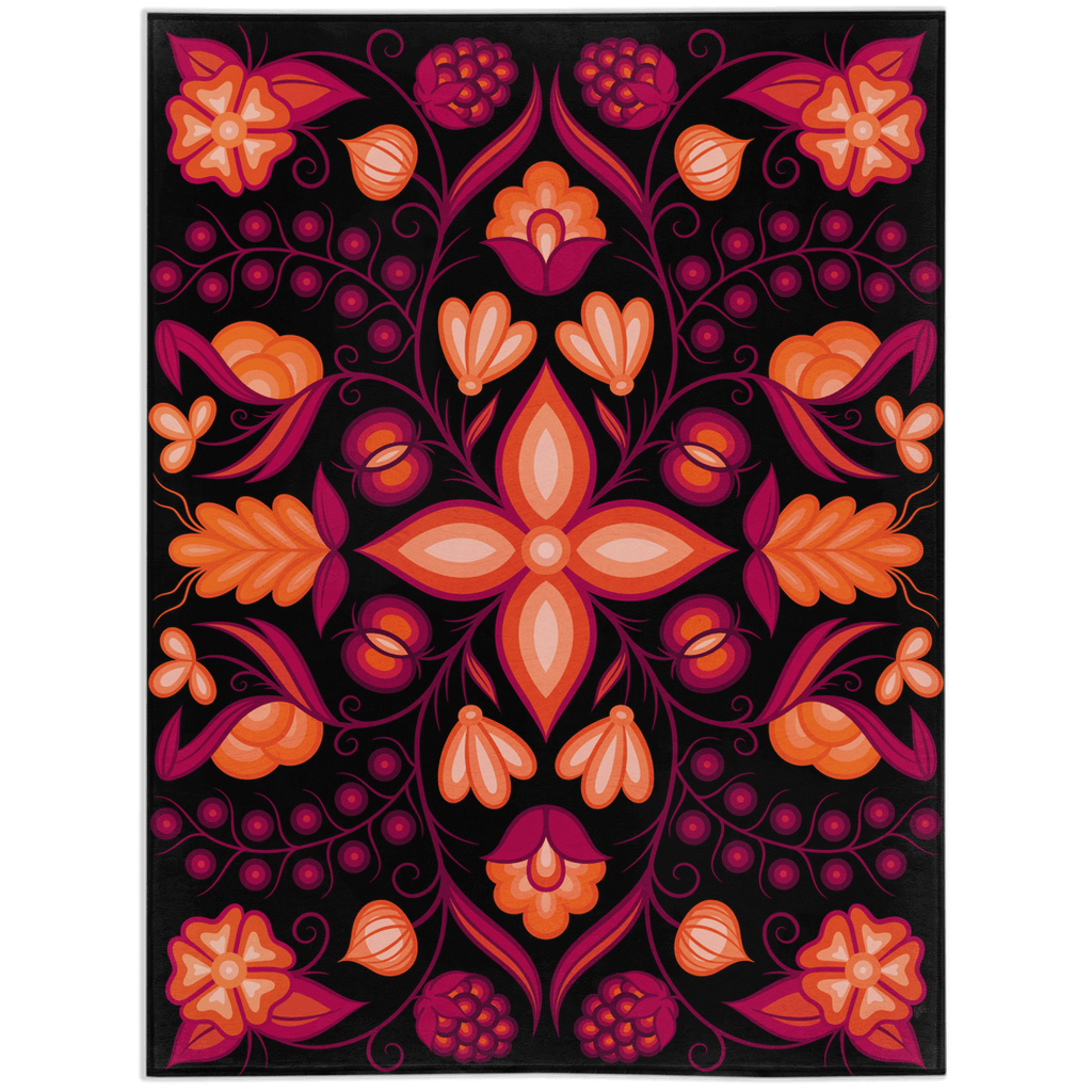 Pink Ojibwe Floral Minky Blanket - Black - Bizaanide'ewin
