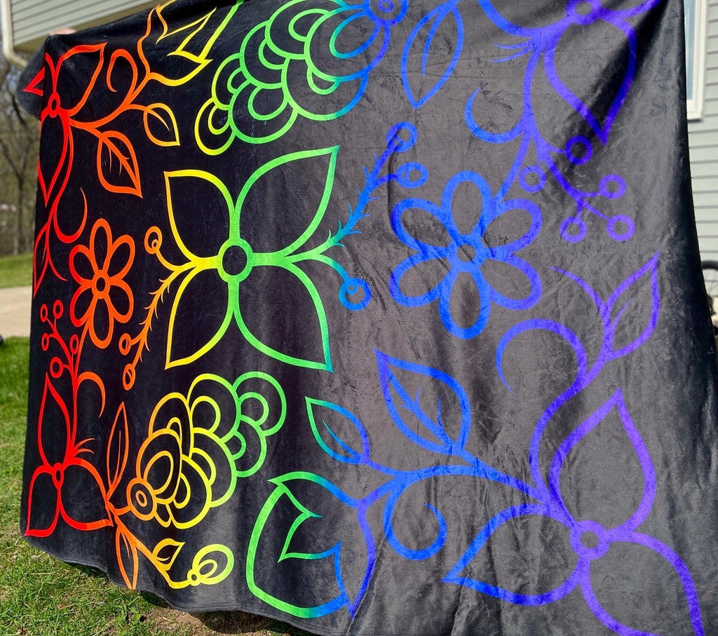 Rainbow Ojibwe Floral Minky Blanket - Bizaanide'ewin Beadwork & Supplies