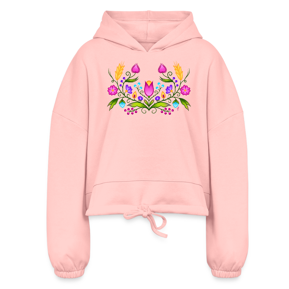 Pink Ojibwe Floral Cropped Hoodie - light pink