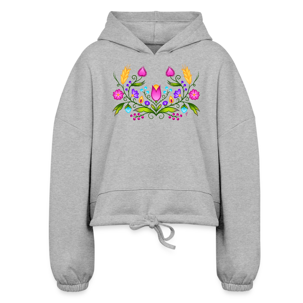 Pink Ojibwe Floral Cropped Hoodie - heather gray