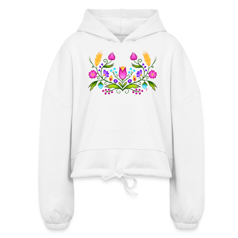 Pink Ojibwe Floral Cropped Hoodie - white