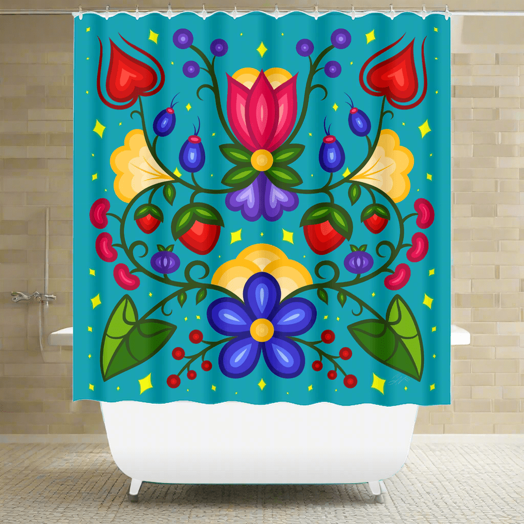 Blue Ojibwe Floral Shower Curtain - Bizaanide'ewin